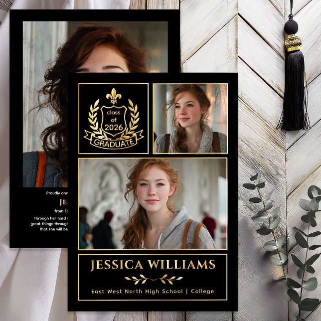 Modern Laurels 3 Photo Class of 2026 Graduation  (Modern Laurels | Fleur de Lis Crest Graduate 3 Photo Graduation Announcement -Luxury Gold Foil)