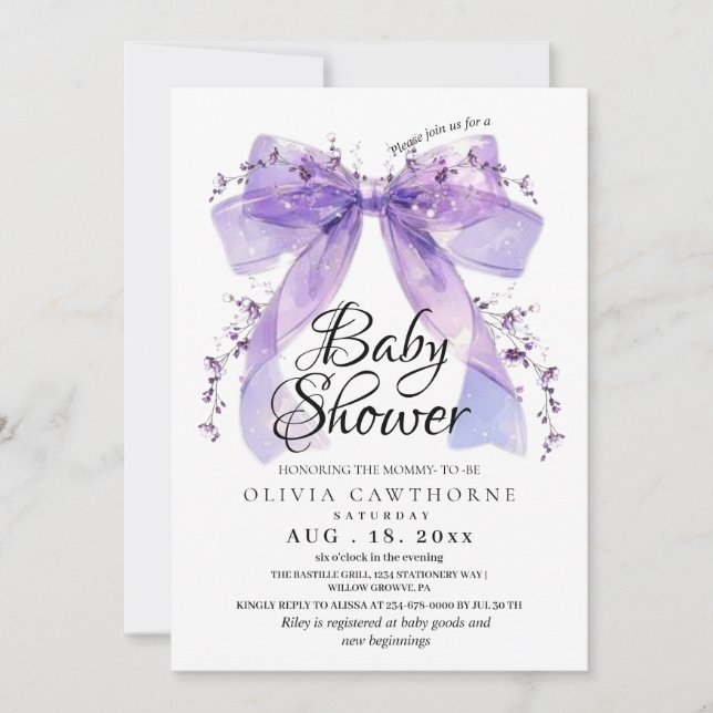 Modern Lavender Bow and Flowers Baby Shower Invitation (Front)