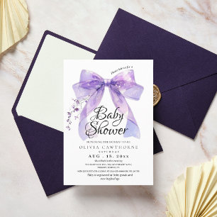 Modern Lavender Bow and Flowers Baby Shower Invitation