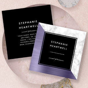 Modern Lavender Brushed Metal White Marble Black Square Business Card