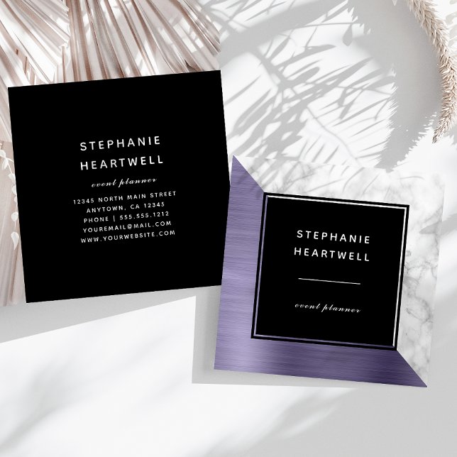 Modern Lavender Brushed Metal White Marble Black Square Business Card (Creator Uploaded)