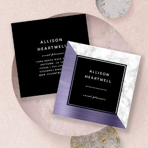 Modern Lavender Brushed Metal White Marble Black Square Business Card