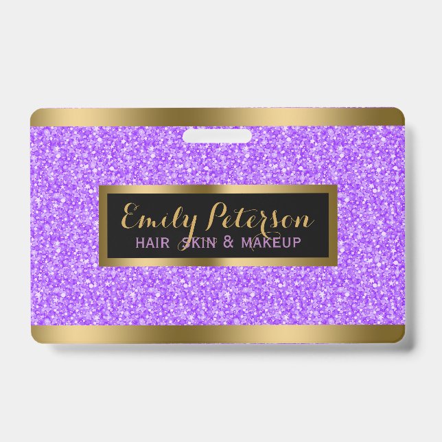 Modern Lavender Faux Glitter Gold Accents ID Badge (Front)