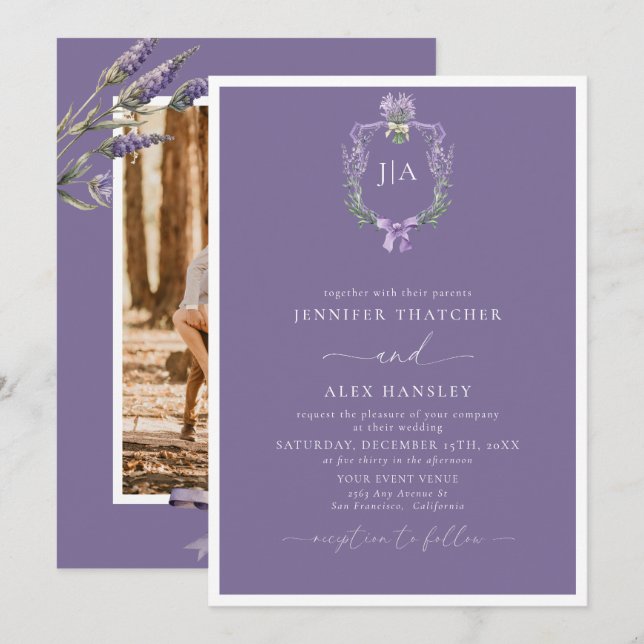 Modern Lavender Floral | Monogram Photo Wedding Invitation (Front/Back)