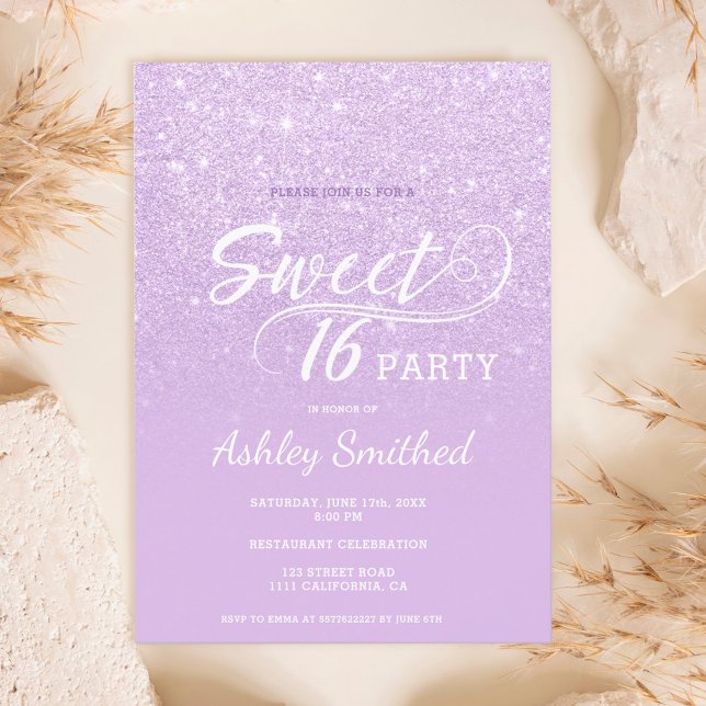 Modern lavender glitter ombre purple Sweet 16 Invitation (Creator Uploaded)