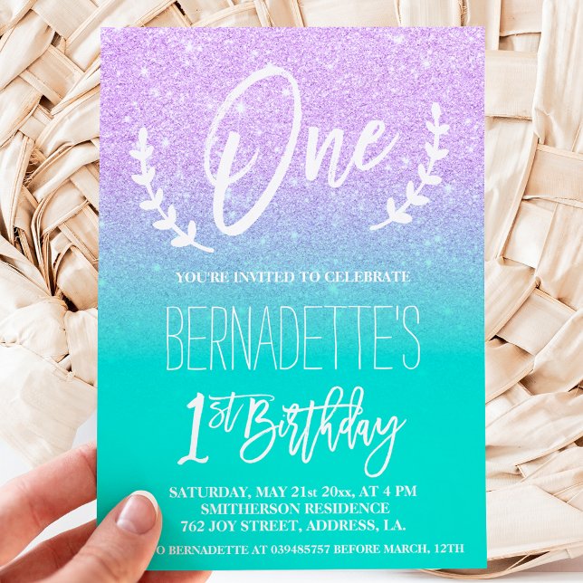 Modern lavender glitter typography first Birthday Invitation (Creator Uploaded)