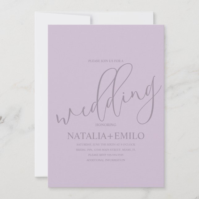 Modern Lavender Muted Script Minimal Wedding Invitation (Front)