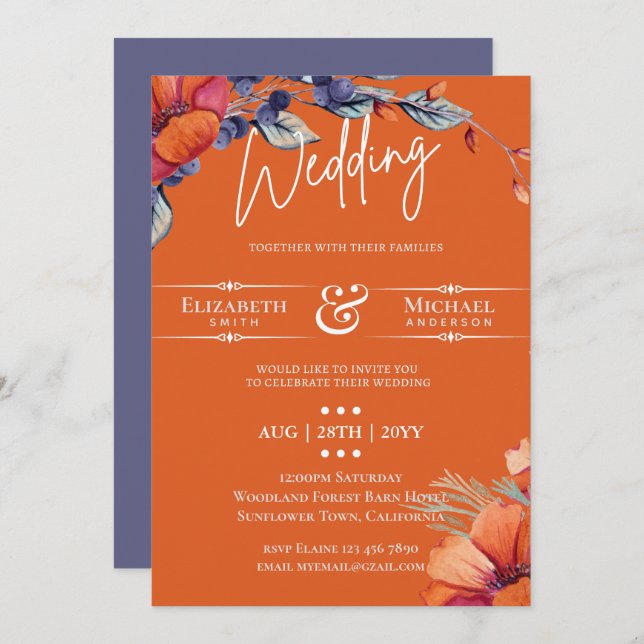 Modern Lavender Orange Floral Wedding Invite (Front/Back)