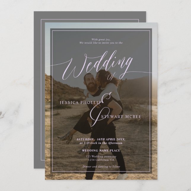 Modern lavender periwinkle wedding script 2 photos invitation (Front/Back)