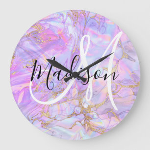 Modern Lavender Pink Marble Gold Monogram Name Large Clock