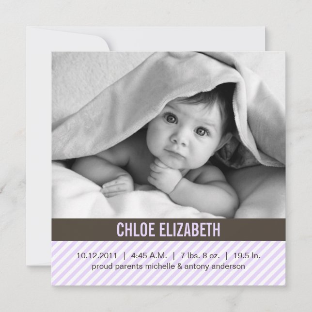 Modern Lavender Pinstripes Baby Announcements (Front)