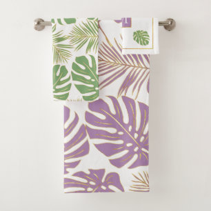 Modern lavender purple and green tropical leaves bath towel set