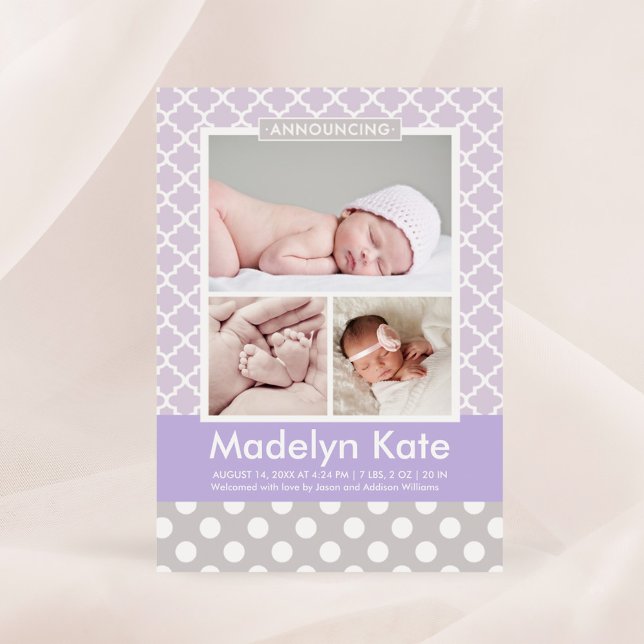 Modern Lavender Purple Pattern Baby Photo Birth Announcement (Creator Uploaded)