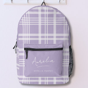 Modern Lavender Purple Personalised Name Plaid Printed Backpack