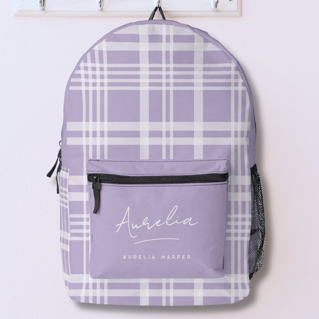 Modern Lavender Purple Personalised Name Plaid Printed Backpack (Creator Uploaded)