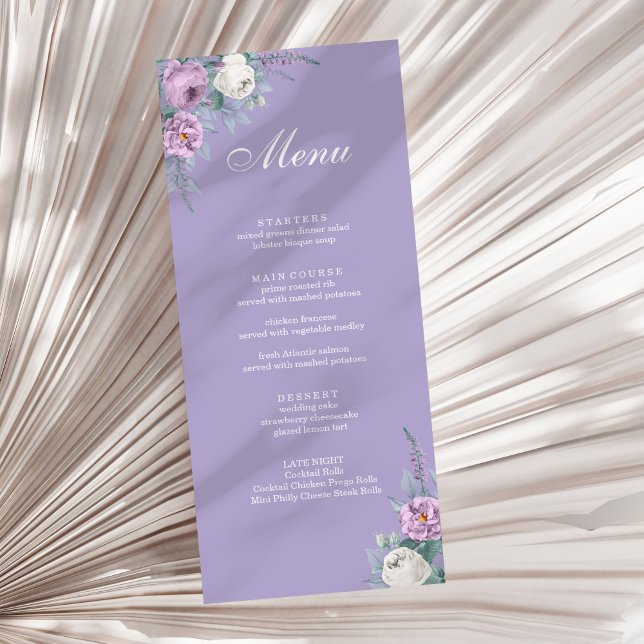 Modern Lavender Purple Wedding Menu Card (Modern Lavender Purple Wedding Menu Card on a sunny white dry palm leaf.)