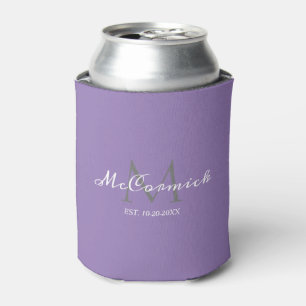 Modern Lavender Purple Wedding Script Monogram Can Cooler