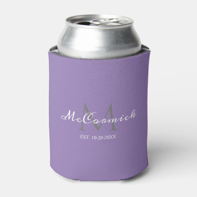 Modern Lavender Purple Wedding Script Monogram Can Cooler (Can Front)
