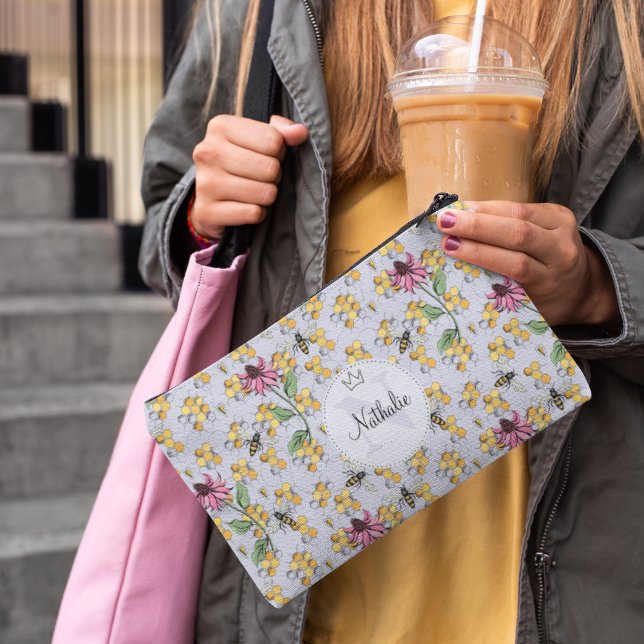 Modern Lavender Queen Bee & Flowers Monogram Accessory Pouch (Elegant Buzzing Royal Queen Bee, Honeycomb & Pink Flowers Pattern with Custom Monogram and Name)