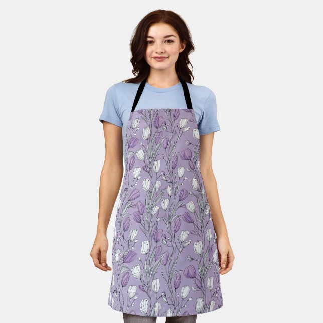 Modern Lavender Tulip White Floral Pattern Apron (Worn)