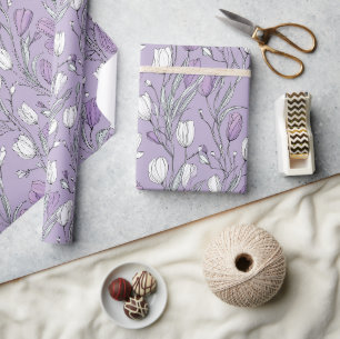 Modern Lavender Tulip White Floral Pattern Wrapping Paper