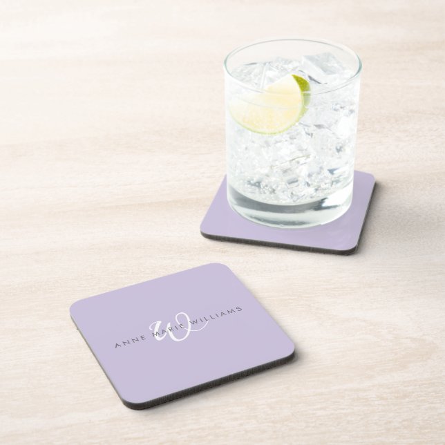 Modern Lavender White Script Monogram Coaster (Right Side)