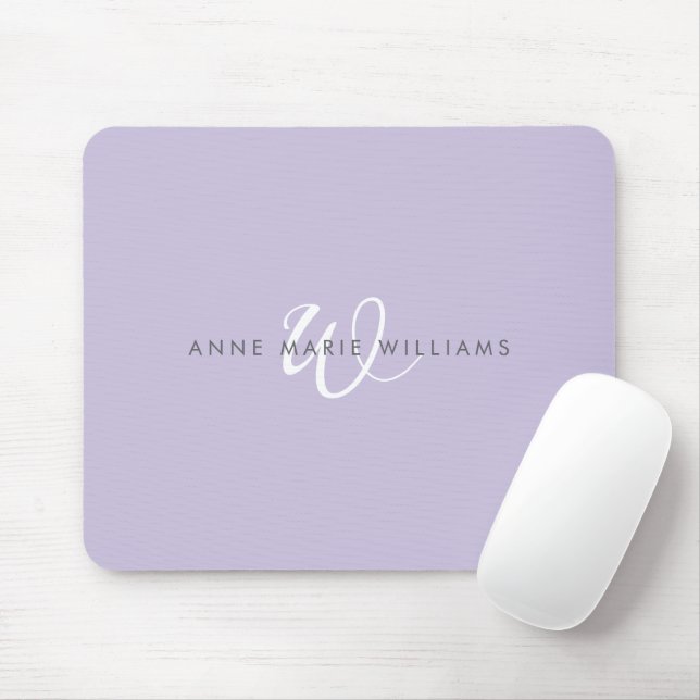 Modern Lavender White Script Monogram Mouse Pad (With Mouse)