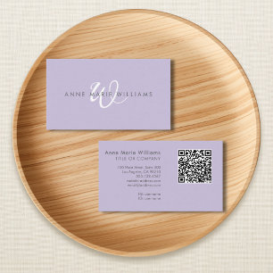 Modern Lavender White Script Monogram QR Code Business Card