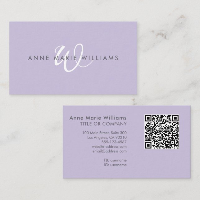 Modern Lavender White Script Monogram QR Code Business Card (Front/Back)
