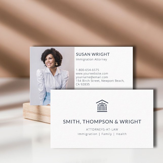 Modern Law Office Legal Lawyer Photo Navy White Business Card (law lawyer attorney paralegal professional business card logo social media classic minimalist navy)