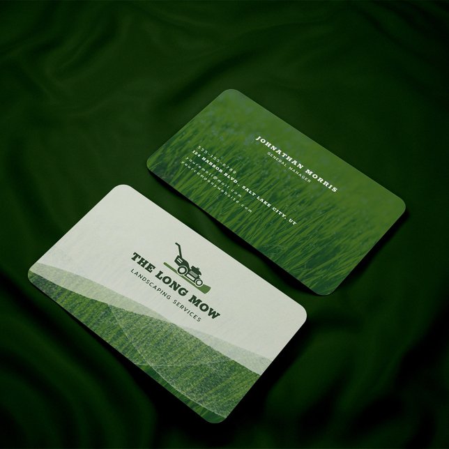 Modern Lawn care and Landscaping Business Card (Mockup of custom Lawn care or landscaping company business card. Featuring lawnmower and grass. )