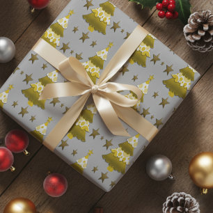 Modern Layered Christmas Trees & Gold Stars Wrapping Paper