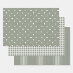Modern Leaf Gingham Pinstripe Pattern Mix Green    Wrapping Paper Sheet