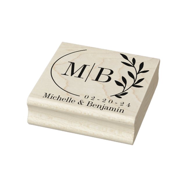 Modern leaf Monogram with Date and Name Rubber Stamp (Stamp)