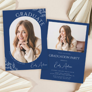 Modern Leaf Navy Blue 2 Photo Graduation Party Invitation