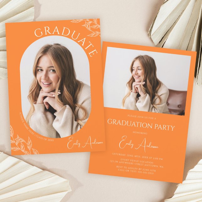 Modern Leaf Orange 2 Photo Graduation Party Invitation (Creator Uploaded)