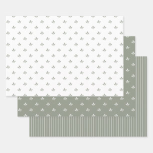 Modern Leaf Pattern and Pinstripes Dusky Green   Wrapping Paper Sheet