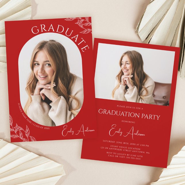 Modern Leaf Red 2 Photo Graduation Party Invitation (Creator Uploaded)