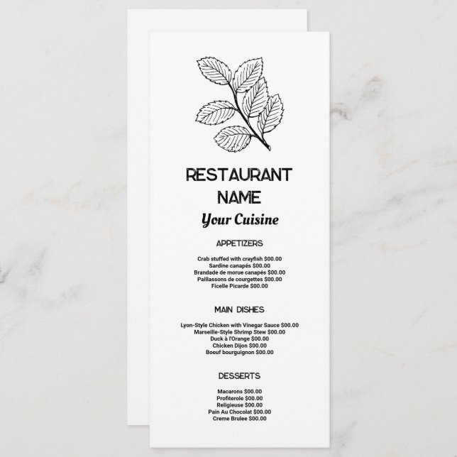 Modern Leaf, Restaurant Slimline Menu (Front/Back)