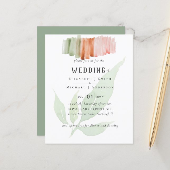 Modern Leaf Watercolor WEDDING Invitation (Front/Back In Situ)