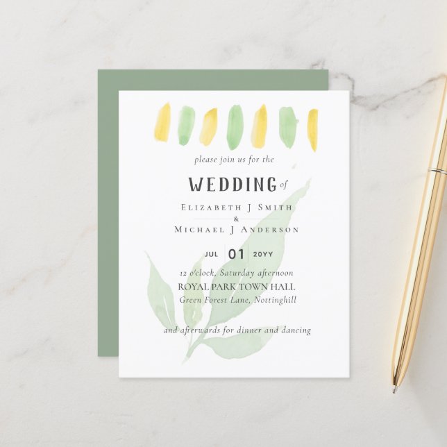 Modern Leaf Watercolor WEDDING Invitation (Front/Back In Situ)