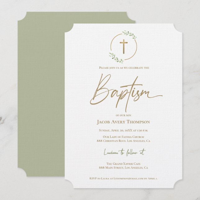 Modern leaf Wreath Gilded Gold Cross Baptism Invitation (Front/Back)