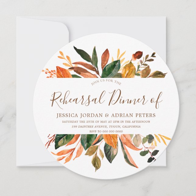 Modern Leaf Wreath Rustic Fall Rehearsal Dinner Invitation (Front)