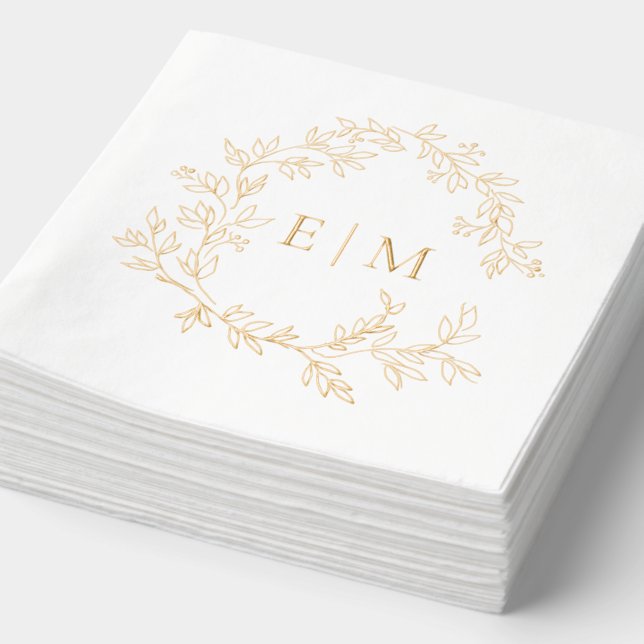 Modern Leafy Crest Simple Monogrammed Wedding Gold Foil Napkins (Detail)