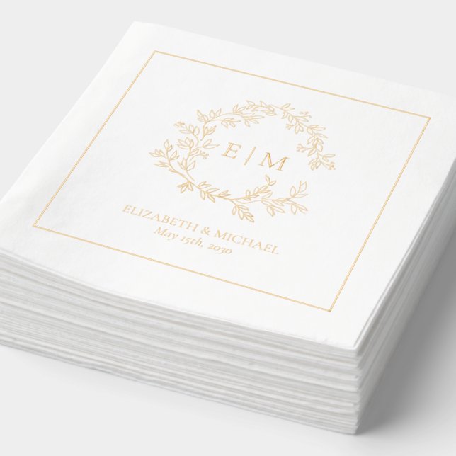 Modern Leafy Crest Simple Monogrammed Wedding Gold Foil Napkins (Detail)