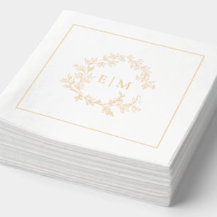 Modern Leafy Crest Simple Monogrammed Wedding Gold Foil Napkins