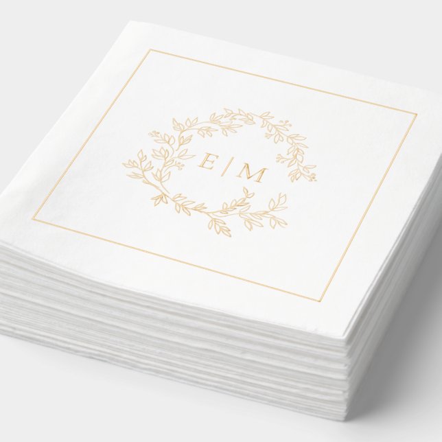 Modern Leafy Crest Simple Monogrammed Wedding Gold Foil Napkins (Detail)