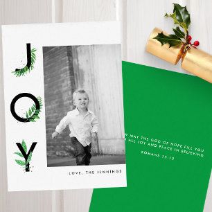 Modern Leafy Joy Scripture Photo Holiday Card