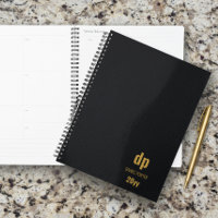 Modern Leather Look Black and Gold Monogrammed
