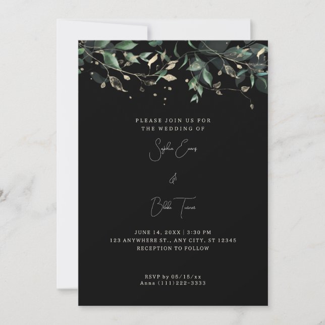 Modern Leaves and Vines Black Wedding Invitation (Front)